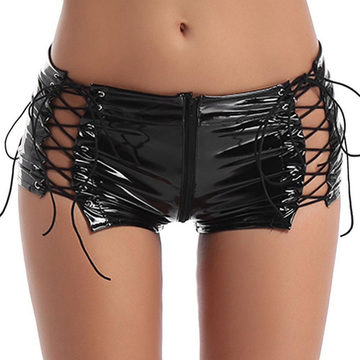 Women's Wetlook Sexy Mini Shorts / Leather Low Rise Hollow Out Lace-up Booty - EVE's SECRETS